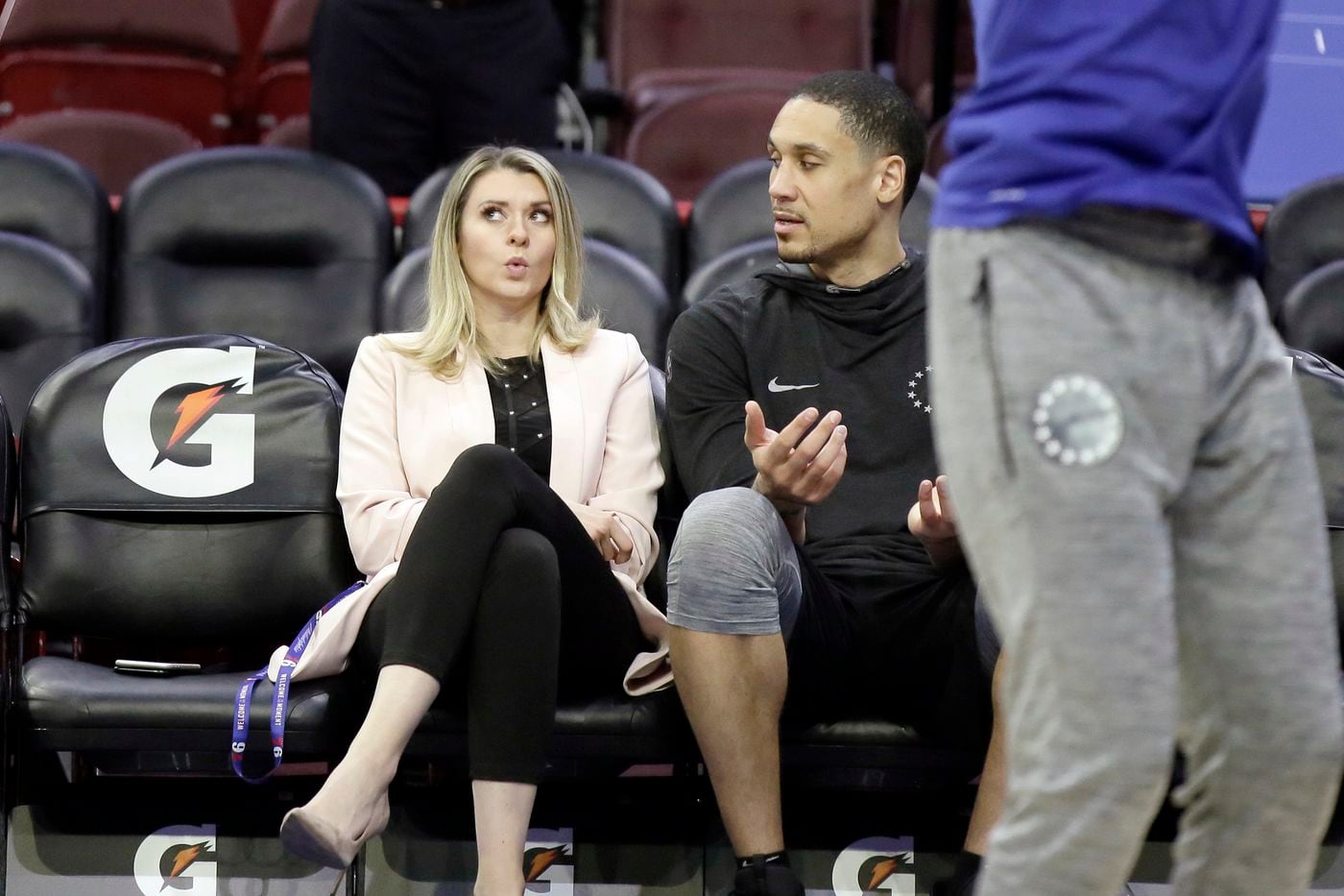 Annelie Schmittel travels with the team. She's always at practice and courtside during games. She joined the Sixers earlier this year from the NFL.
