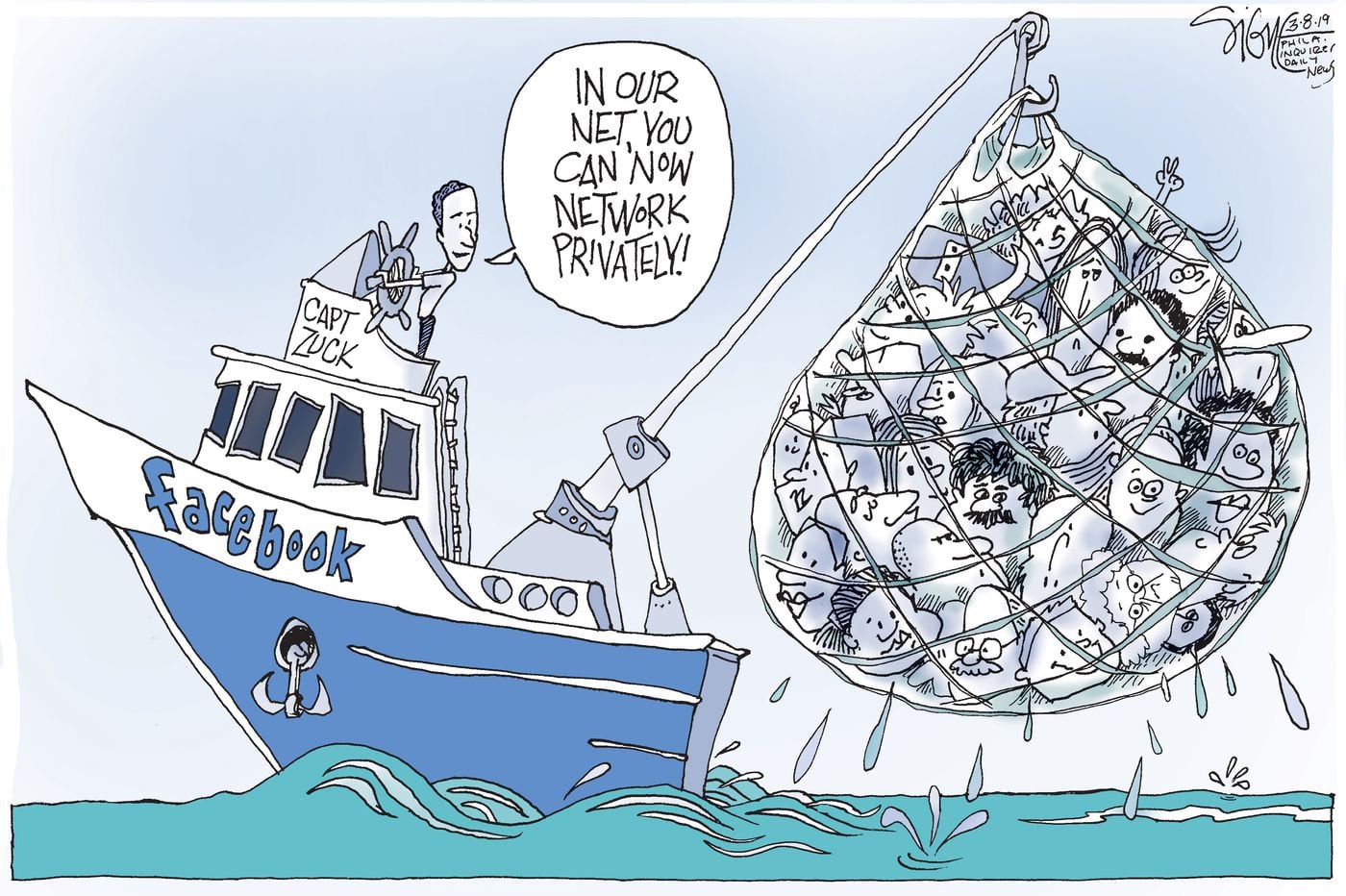 Mark Zuckerberg steering a ship named Facebook with a fishing net full of faces tagged by 